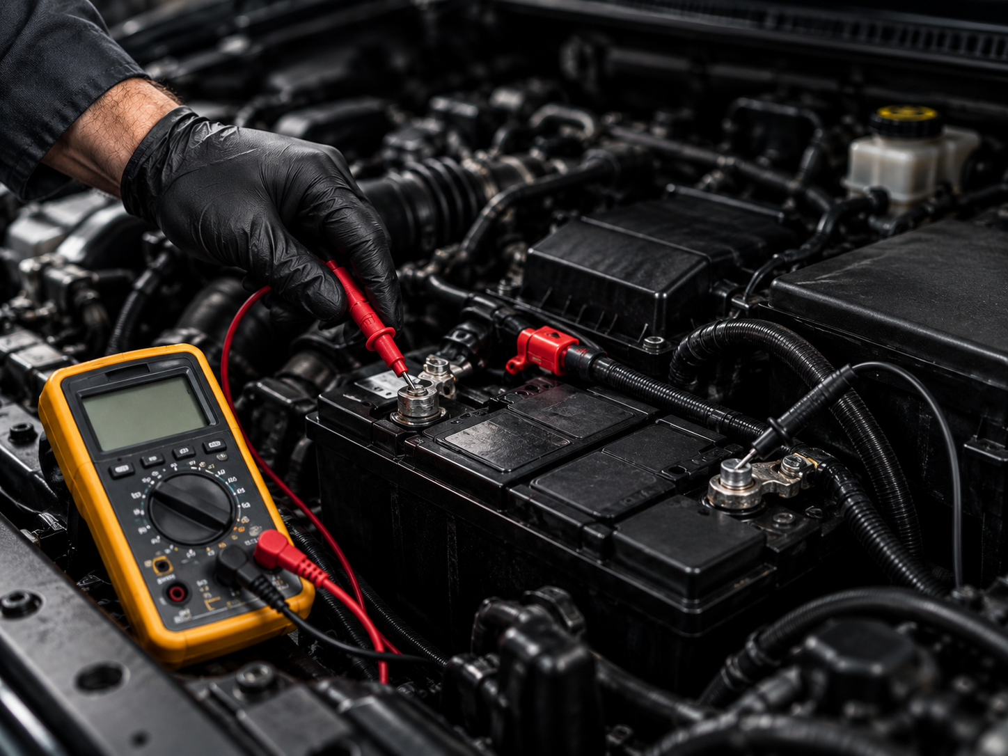 Mechanic testing a vehicle battery with a multimeter