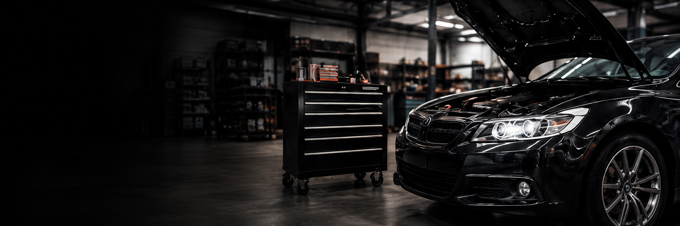 Black car with its bonnet raised in the workshop
